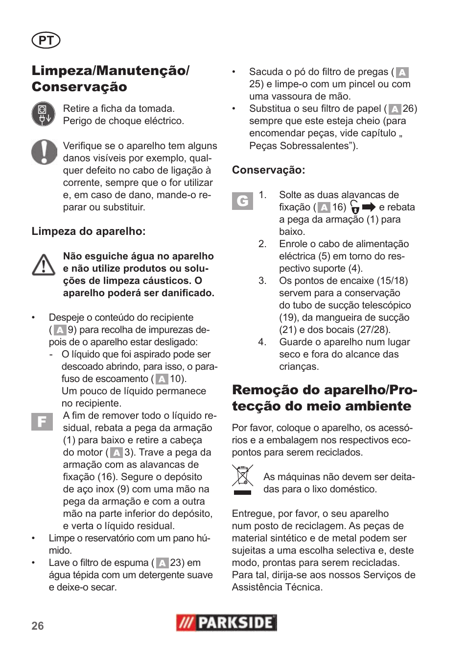 Limpeza/manutenção/ conservação, Remoção do aparelho/pro- tecção do meio ambiente | Parkside PNTS 1400 B1 User Manual | Page 26 / 50