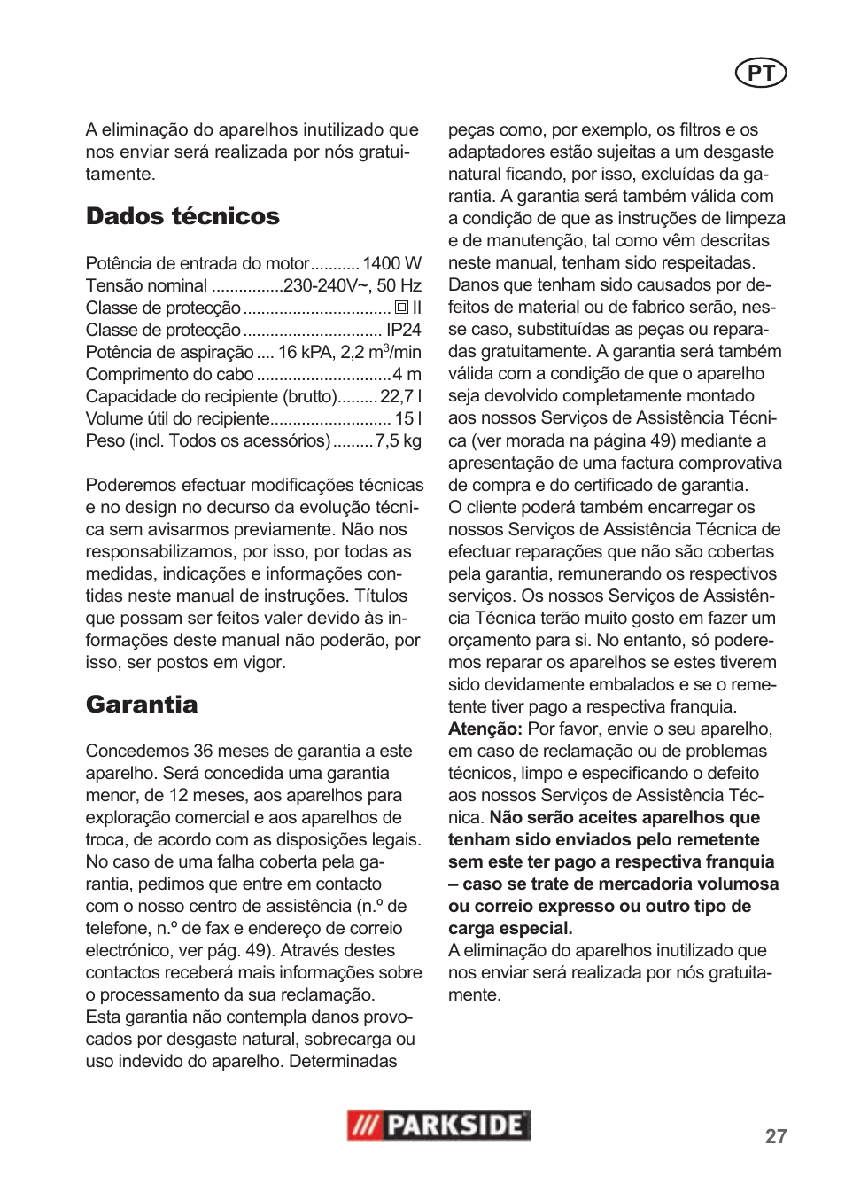 Dados técnicos, Garantia | Parkside PNTS 1400 B1 User Manual | Page 27 / 50