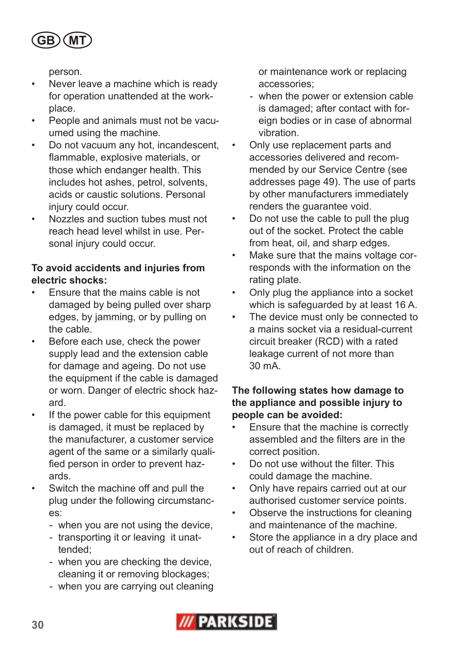 Gb mt | Parkside PNTS 1400 B1 User Manual | Page 30 / 50