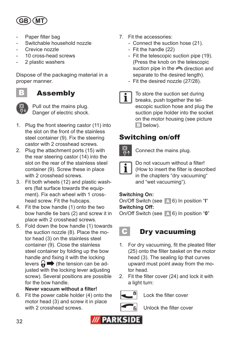 Assembly, Switching on/off, Dry vacuuming | Gb mt | Parkside PNTS 1400 B1 User Manual | Page 32 / 50