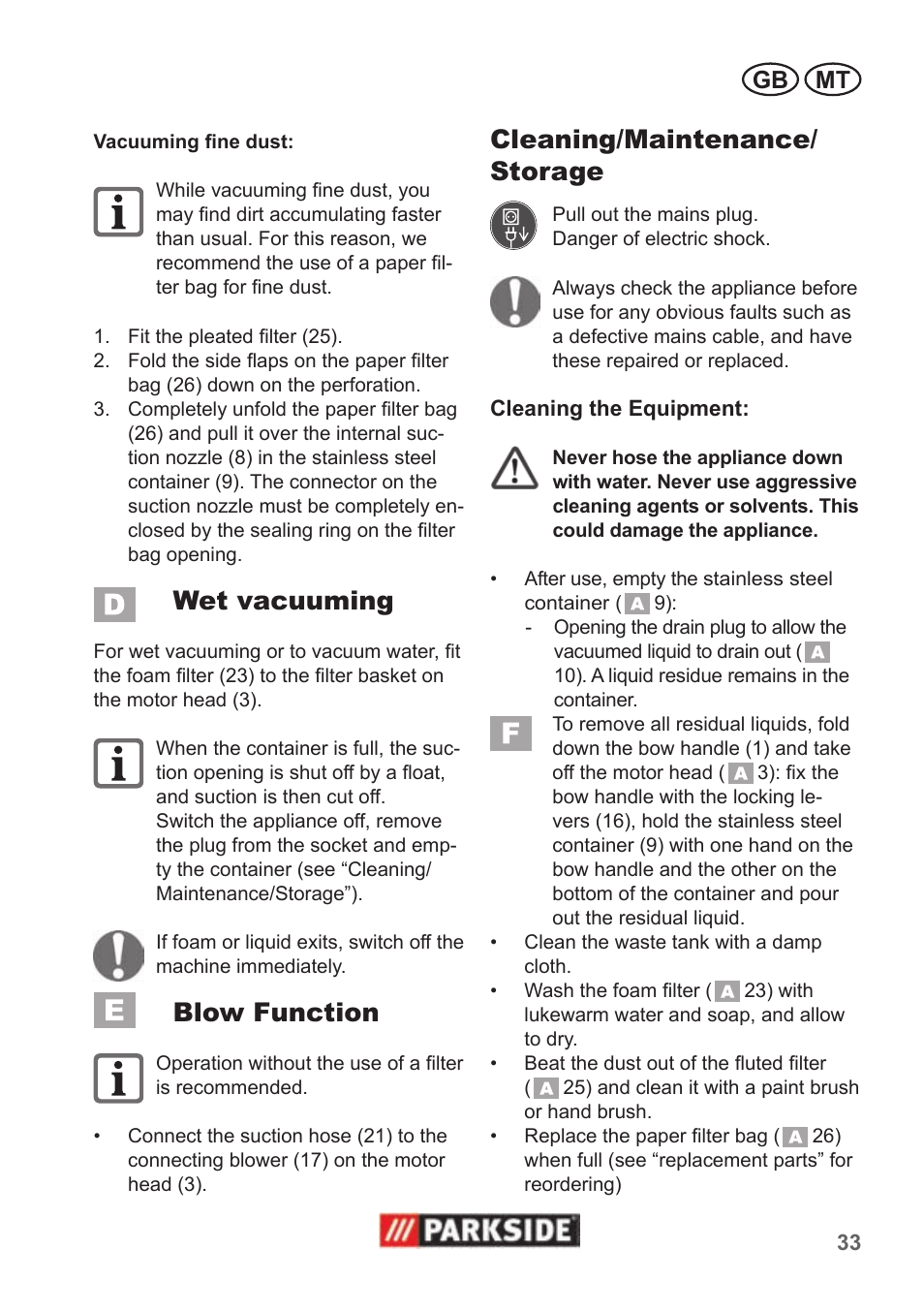 Wet vacuuming, Blow function, Cleaning/maintenance/ storage | Gb mt | Parkside PNTS 1400 B1 User Manual | Page 33 / 50