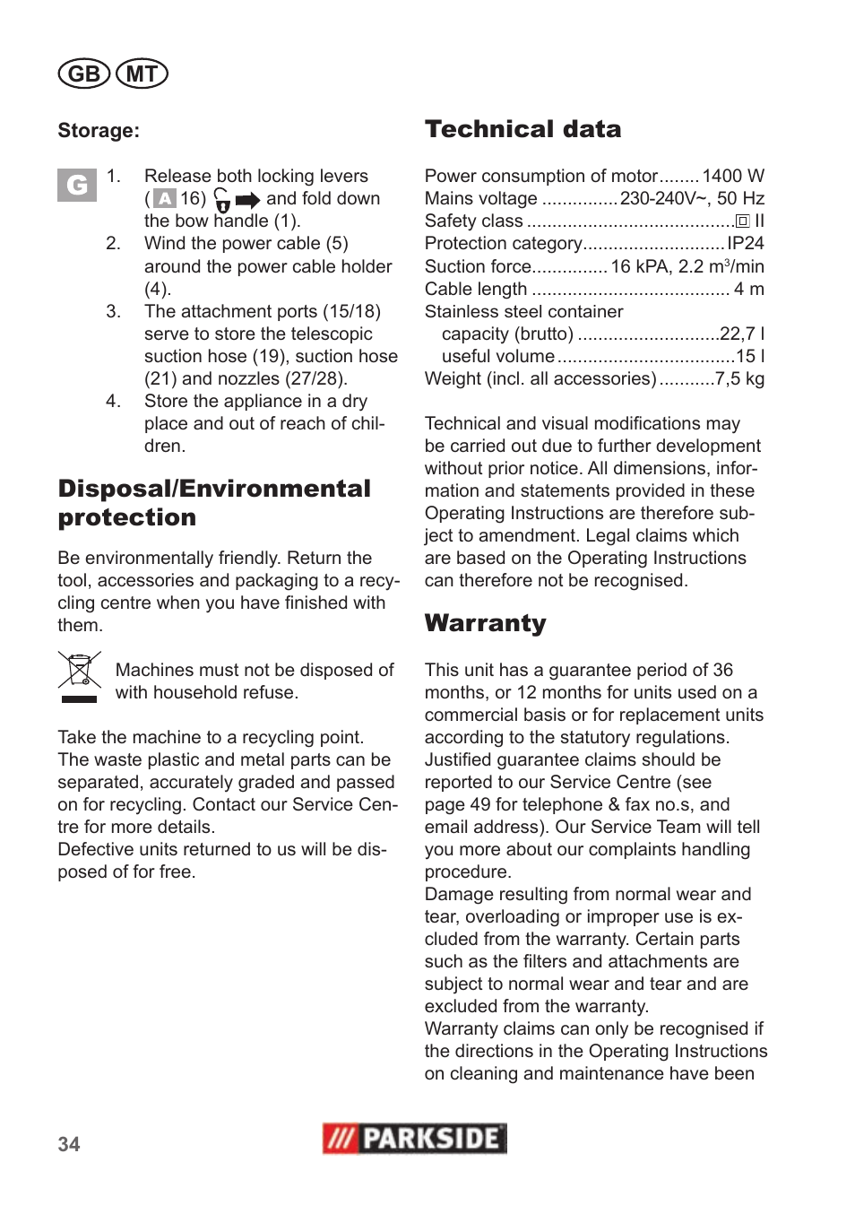 Disposal/environmental protection, Technical data, Warranty | Gb mt | Parkside PNTS 1400 B1 User Manual | Page 34 / 50