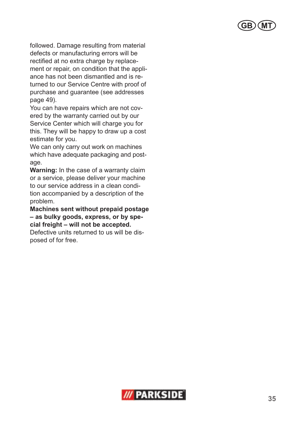 Gb mt | Parkside PNTS 1400 B1 User Manual | Page 35 / 50