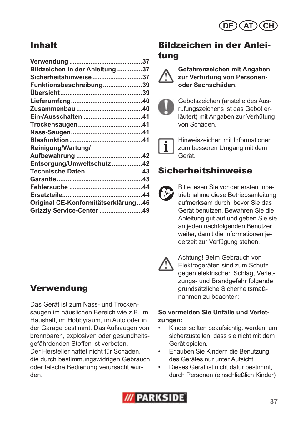 Inhalt, Verwendung, Bildzeichen in der anlei- tung | Sicherheitshinweise | Parkside PNTS 1400 B1 User Manual | Page 37 / 50