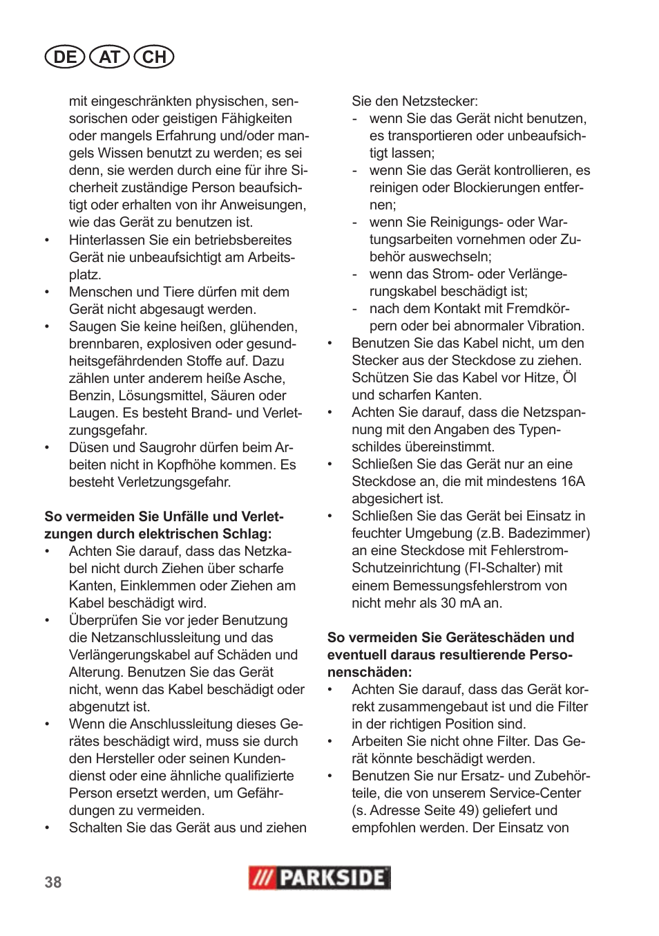 De at ch | Parkside PNTS 1400 B1 User Manual | Page 38 / 50