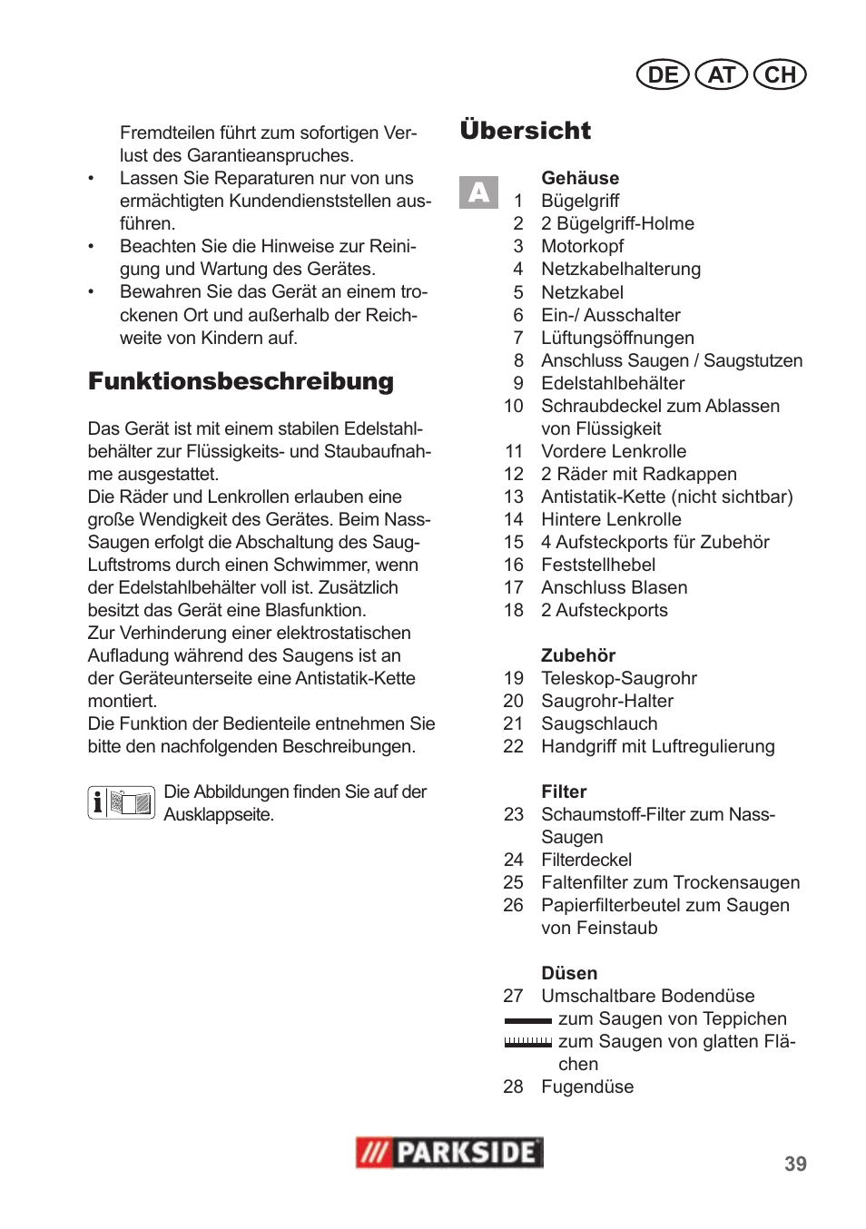 Funktionsbeschreibung, Übersicht, De at ch | Parkside PNTS 1400 B1 User Manual | Page 39 / 50