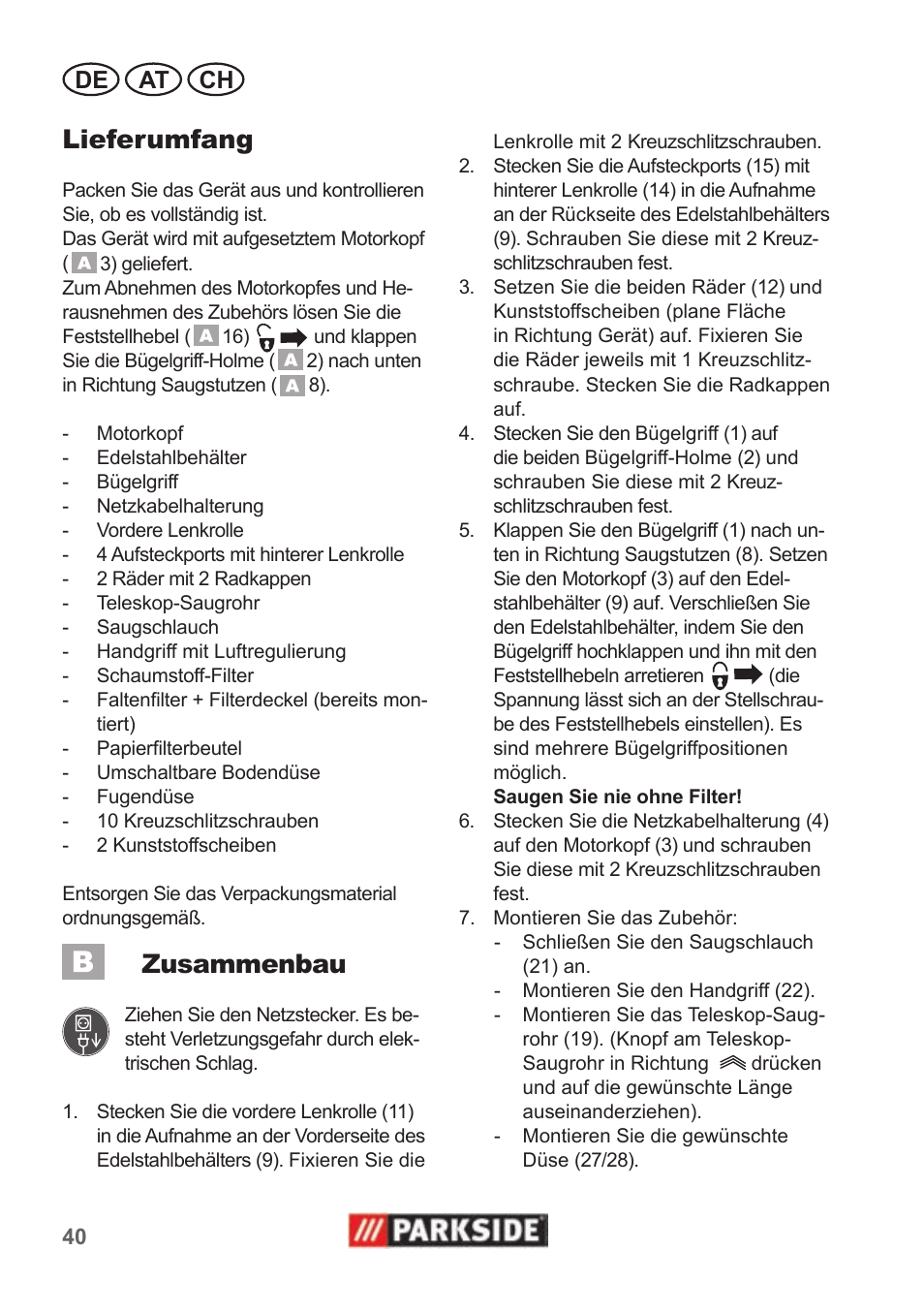 Lieferumfang, Zusammenbau, De at ch | Parkside PNTS 1400 B1 User Manual | Page 40 / 50