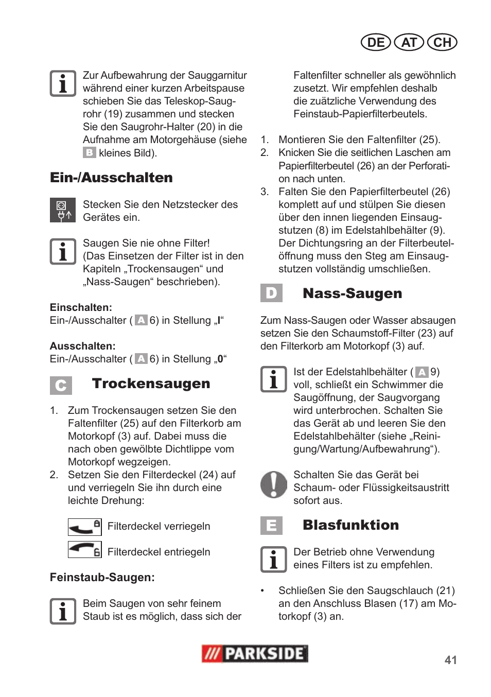 Ein-/ausschalten, Trockensaugen, Nass-saugen | Blasfunktion, De at ch | Parkside PNTS 1400 B1 User Manual | Page 41 / 50