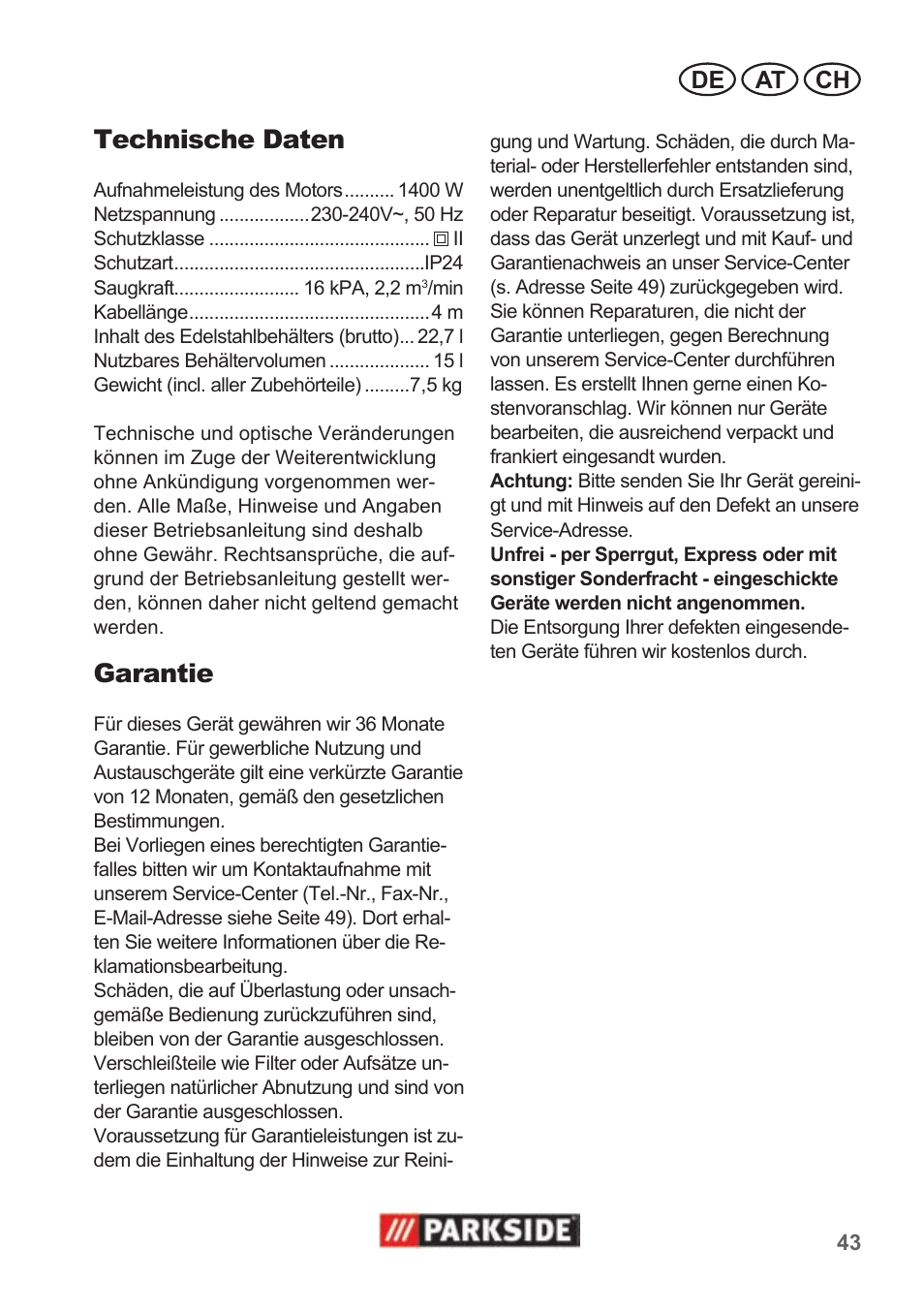 Technische daten, Garantie, De at ch | Parkside PNTS 1400 B1 User Manual | Page 43 / 50