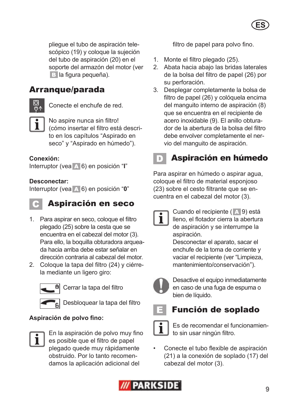 Arranque/parada, Aspiración en seco, Aspiración en húmedo | Función de soplado | Parkside PNTS 1400 B1 User Manual | Page 9 / 50