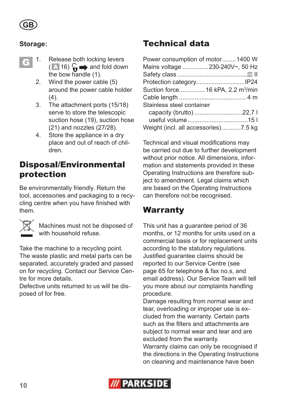 Disposal/environmental protection, Technical data, Warranty | Parkside PNTS 1400 B1 User Manual | Page 10 / 66
