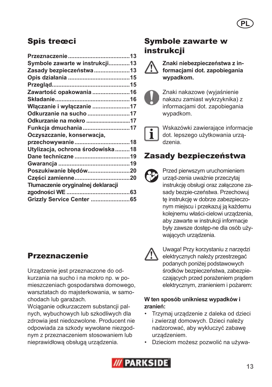 Spis treœci, Przeznaczenie, Symbole zawarte w instrukcji | Zasady bezpieczeństwa | Parkside PNTS 1400 B1 User Manual | Page 13 / 66