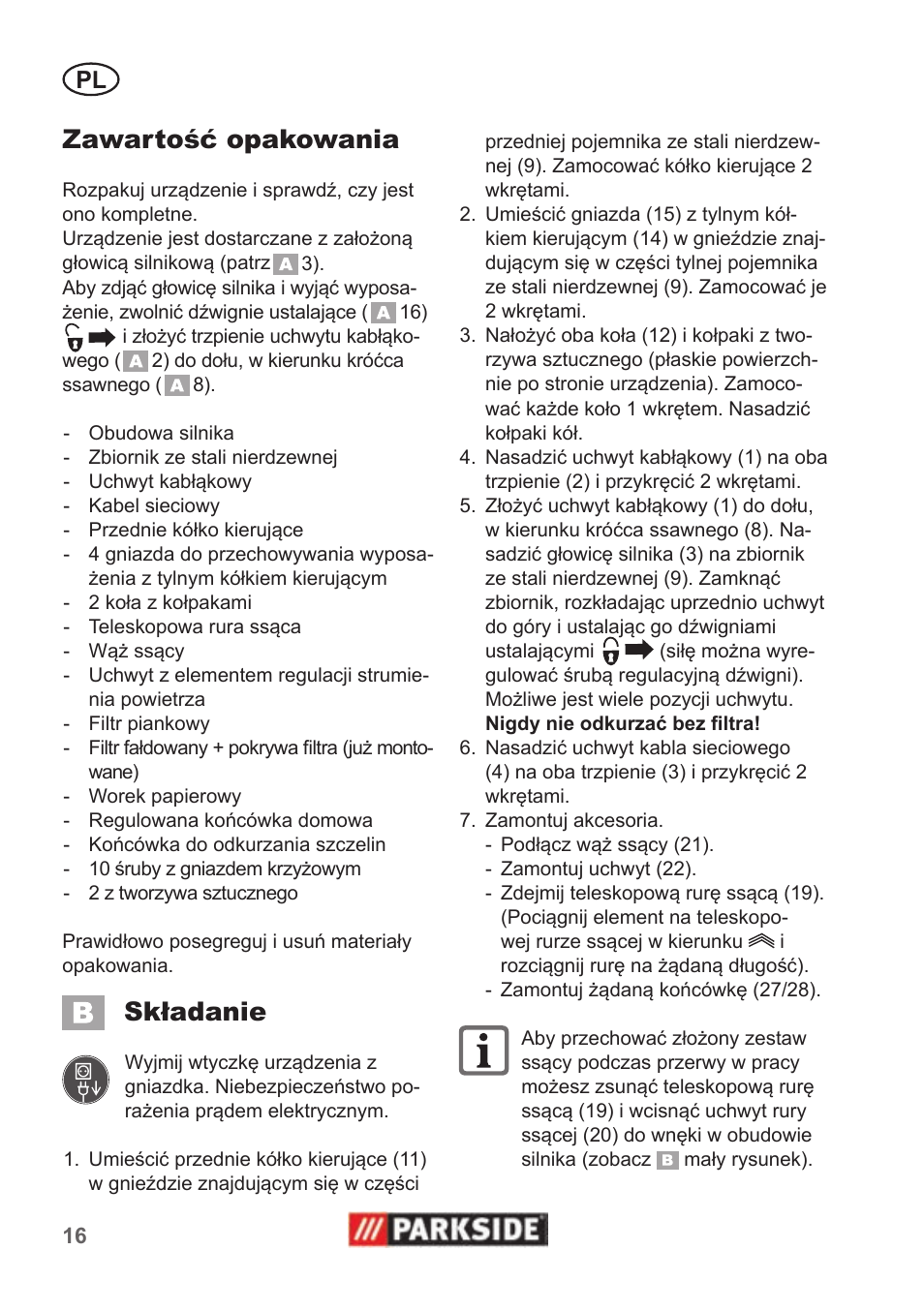 Zawartość opakowania, Składanie | Parkside PNTS 1400 B1 User Manual | Page 16 / 66