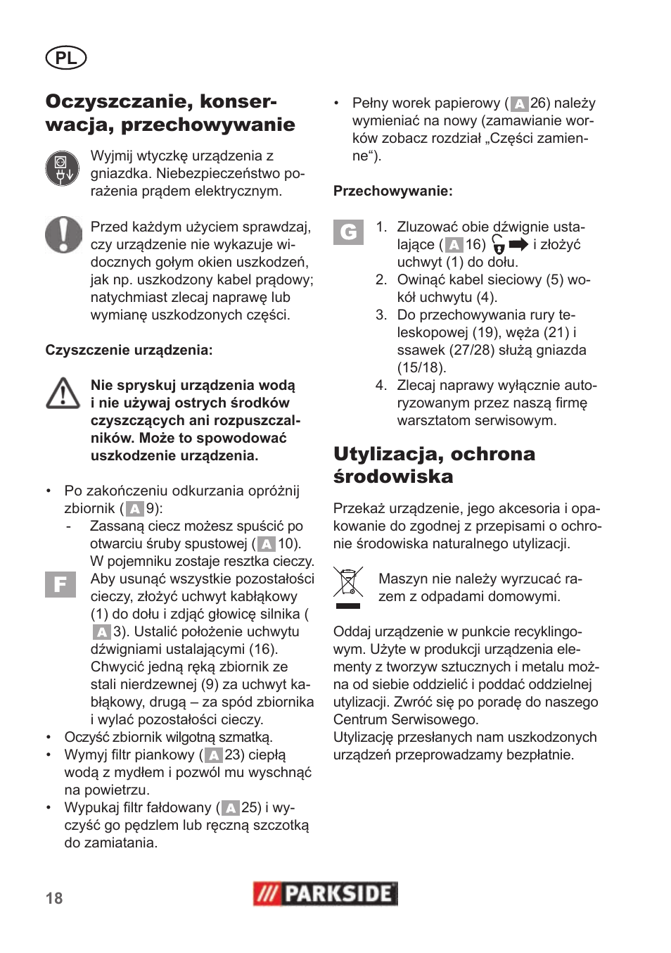 Oczyszczanie, konser- wacja, przechowywanie, Utylizacja, ochrona środowiska | Parkside PNTS 1400 B1 User Manual | Page 18 / 66