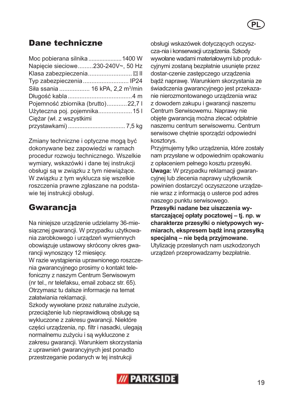 Dane techniczne, Gwarancja | Parkside PNTS 1400 B1 User Manual | Page 19 / 66