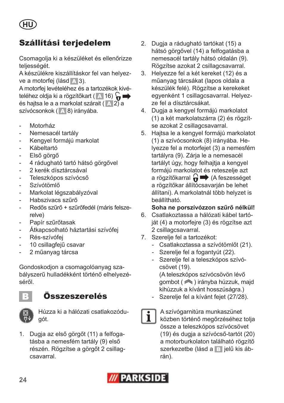 Szállítási terjedelem, Összeszerelés | Parkside PNTS 1400 B1 User Manual | Page 24 / 66