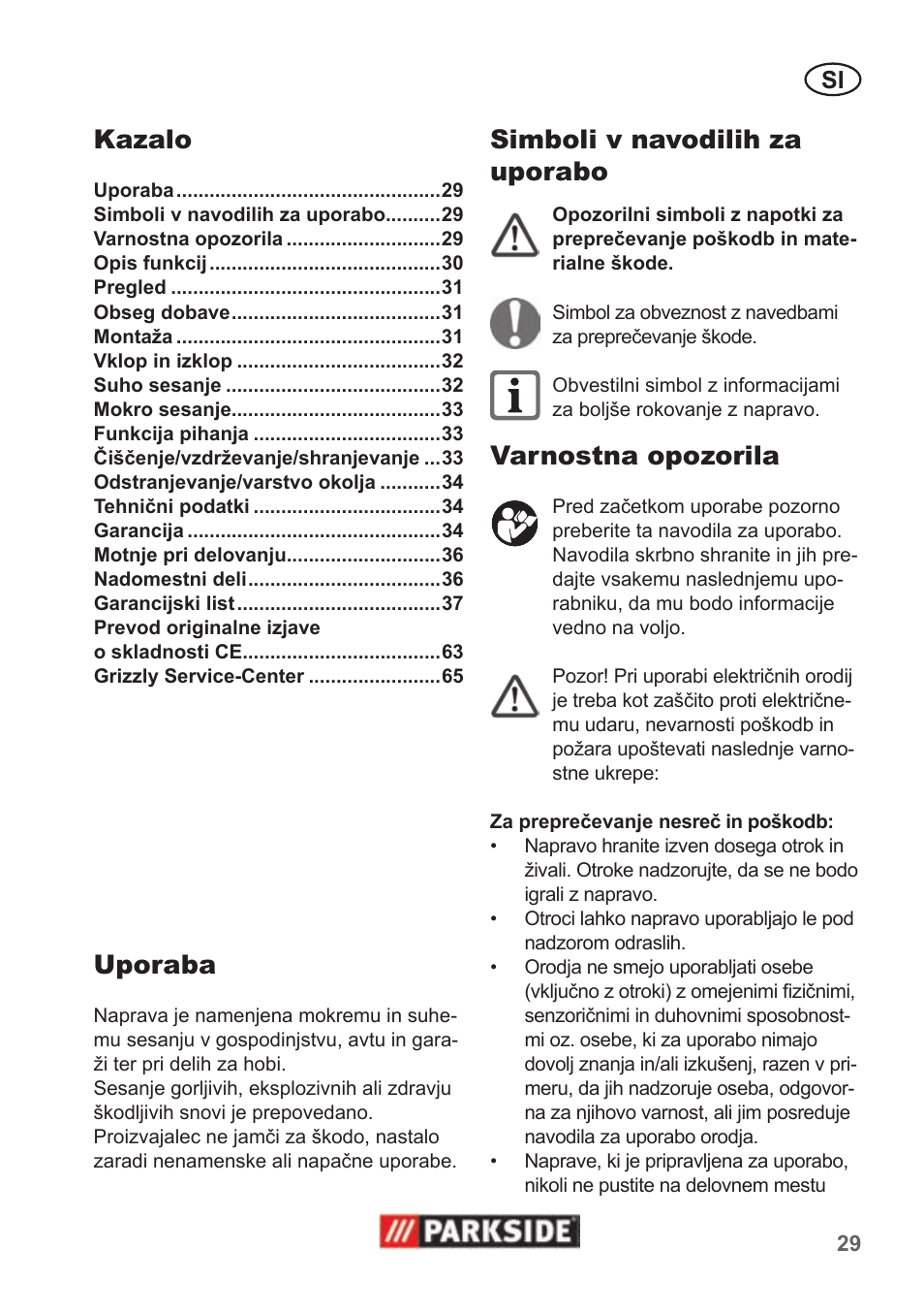 Kazalo, Uporaba, Simboli v navodilih za uporabo | Varnostna opozorila | Parkside PNTS 1400 B1 User Manual | Page 29 / 66