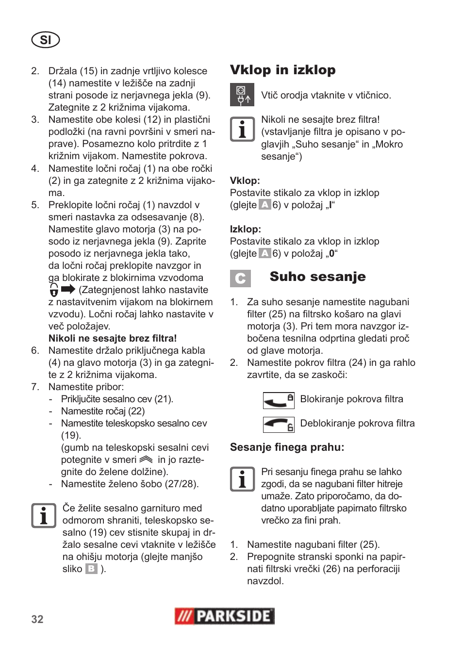 Vklop in izklop, Suho sesanje | Parkside PNTS 1400 B1 User Manual | Page 32 / 66