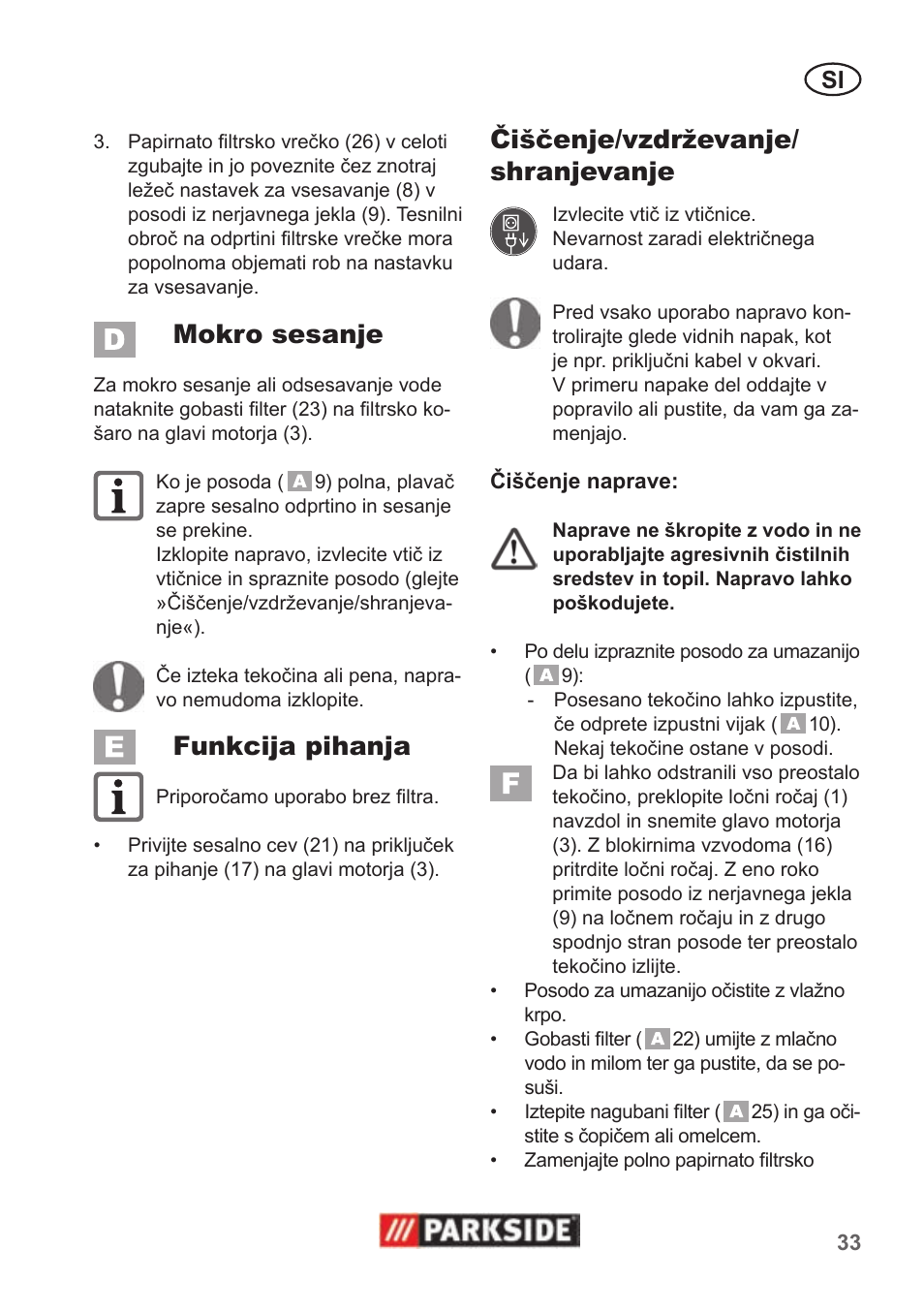 Mokro sesanje, Funkcija pihanja, Čiščenje/vzdrževanje/ shranjevanje | Parkside PNTS 1400 B1 User Manual | Page 33 / 66