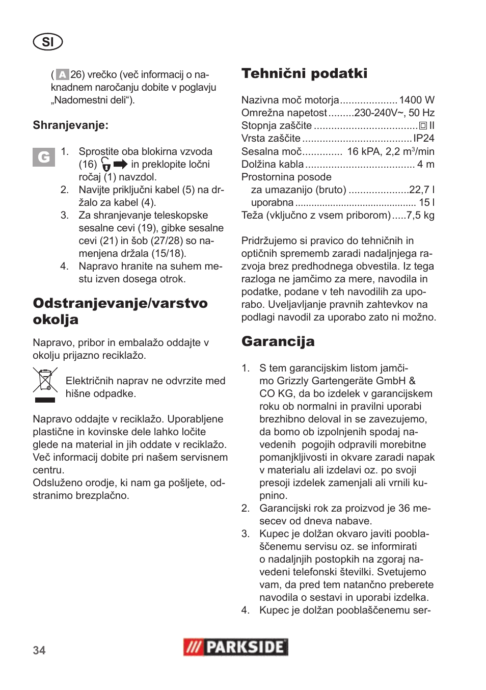 Odstranjevanje/varstvo okolja, Tehnični podatki, Garancija | Parkside PNTS 1400 B1 User Manual | Page 34 / 66