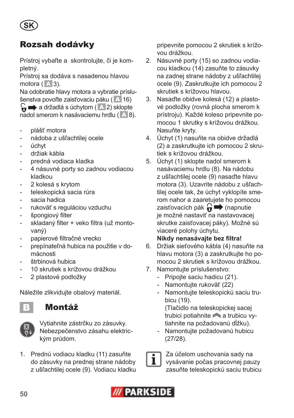 Rozsah dodávky, Montáž | Parkside PNTS 1400 B1 User Manual | Page 50 / 66