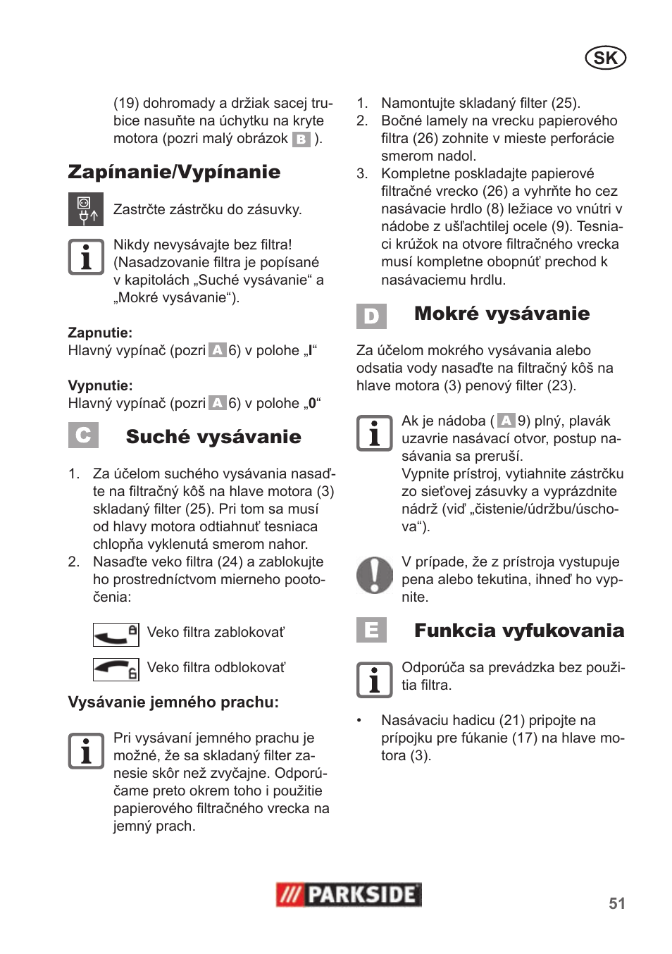 Zapínanie/vypínanie, Suché vysávanie, Mokré vysávanie | Funkcia vyfukovania | Parkside PNTS 1400 B1 User Manual | Page 51 / 66