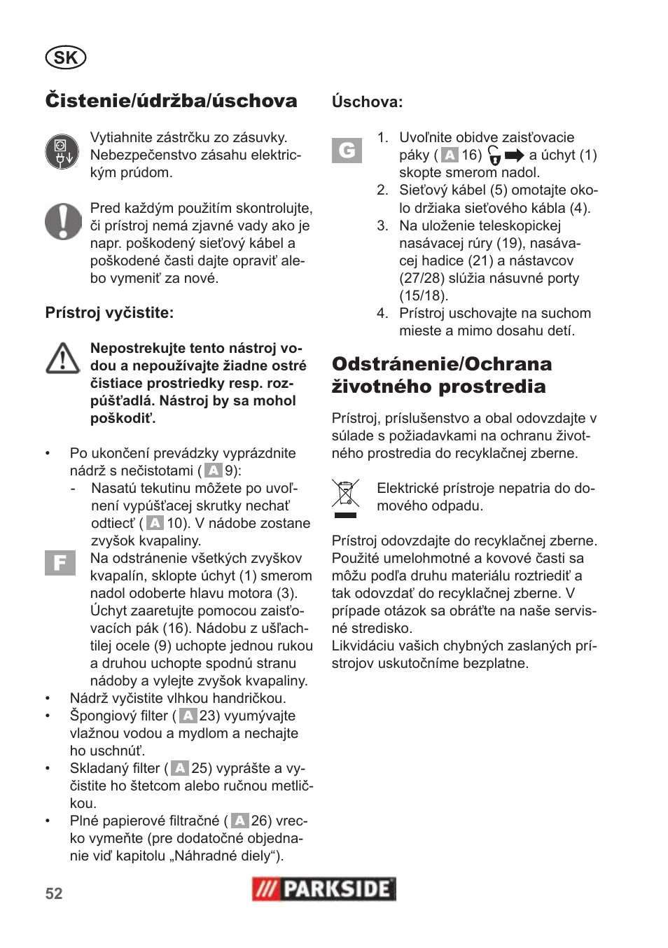 Čistenie/údržba/úschova, Odstránenie/ochrana životného prostredia | Parkside PNTS 1400 B1 User Manual | Page 52 / 66