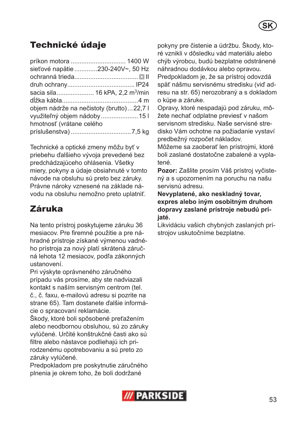 Technické údaje, Záruka | Parkside PNTS 1400 B1 User Manual | Page 53 / 66
