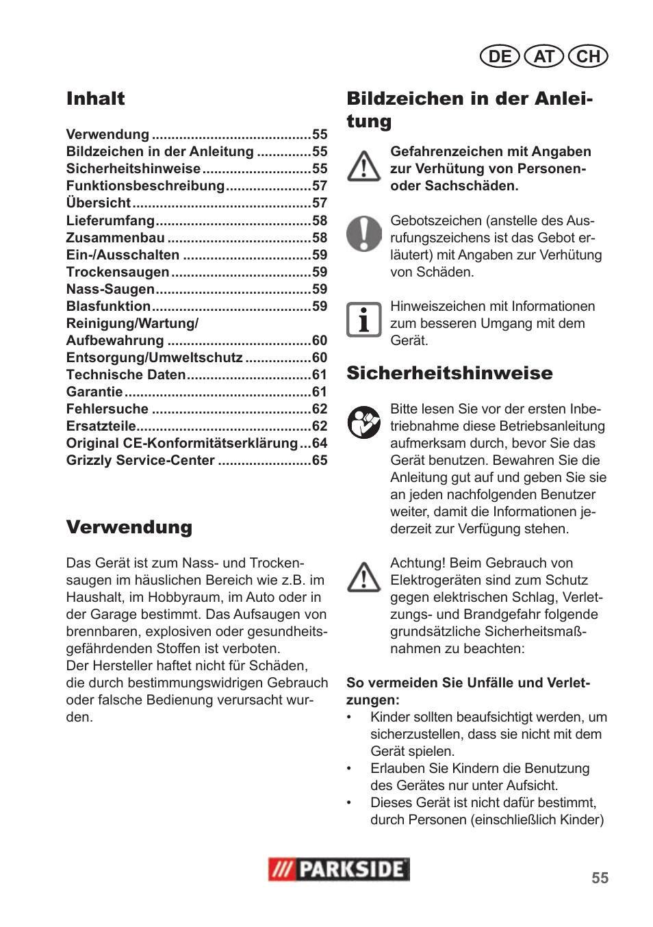 Inhalt, Verwendung, Bildzeichen in der anlei- tung | Sicherheitshinweise | Parkside PNTS 1400 B1 User Manual | Page 55 / 66