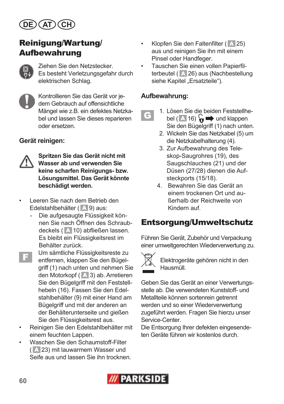 Reinigung/wartung/ aufbewahrung, Entsorgung/umweltschutz, De at ch | Parkside PNTS 1400 B1 User Manual | Page 60 / 66