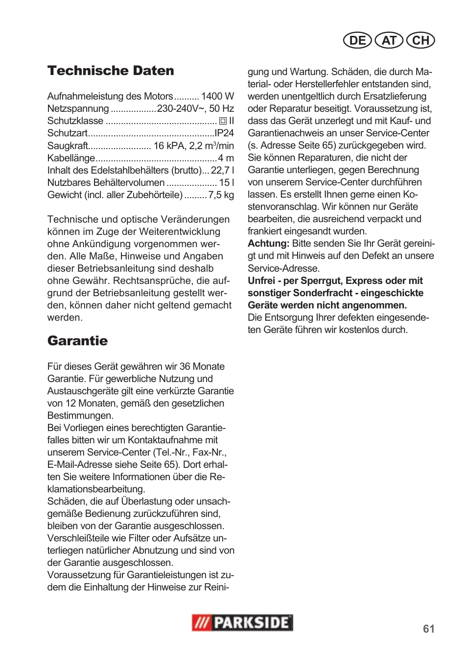 Technische daten, Garantie, De at ch | Parkside PNTS 1400 B1 User Manual | Page 61 / 66