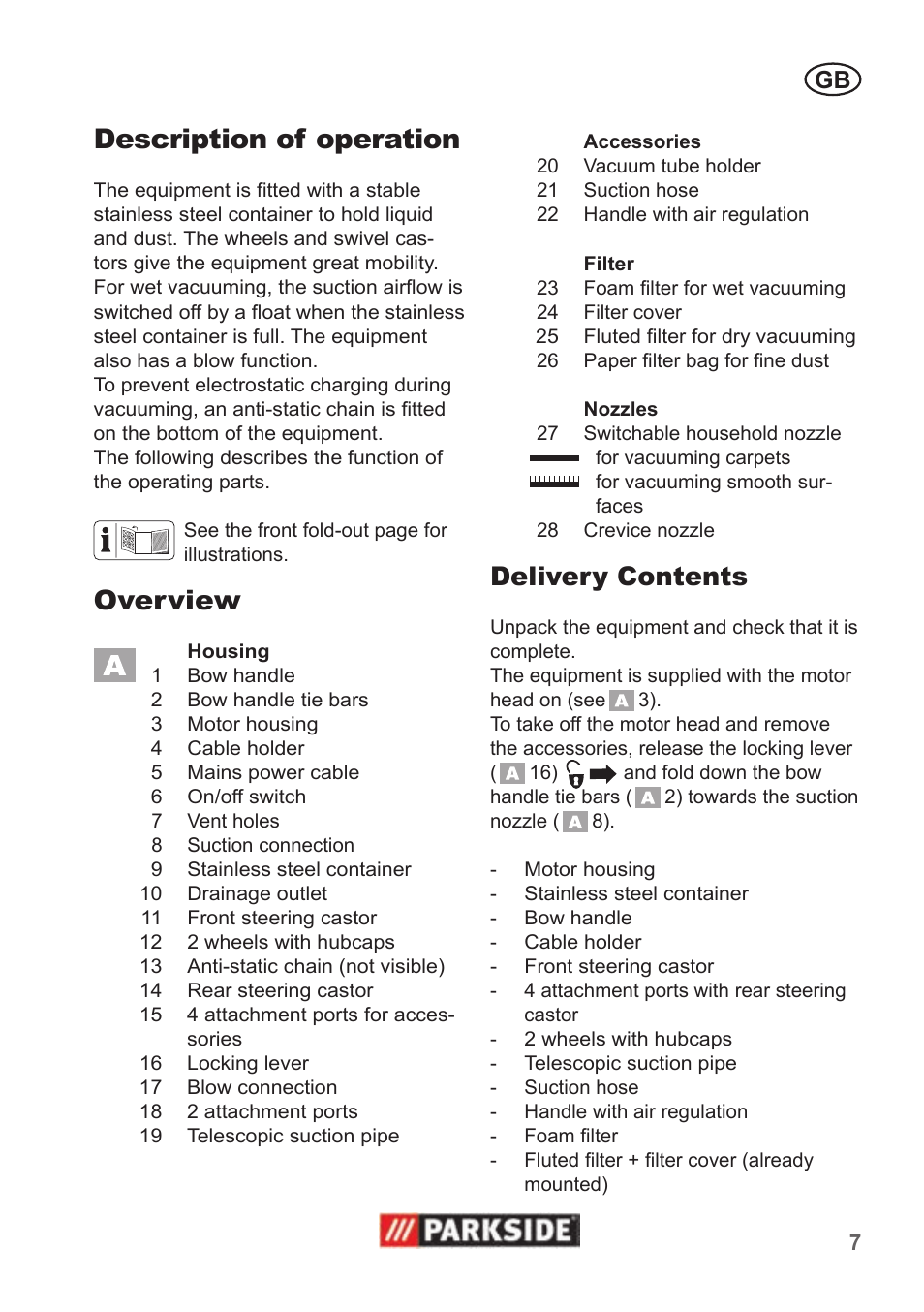 Description of operation, Overview, Delivery contents | Parkside PNTS 1400 B1 User Manual | Page 7 / 66