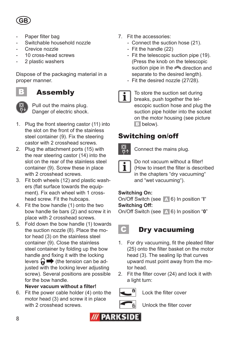 Assembly, Switching on/off, Dry vacuuming | Parkside PNTS 1400 B1 User Manual | Page 8 / 66