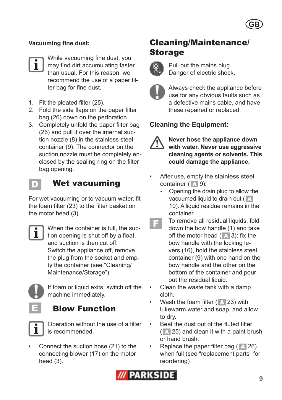 Wet vacuuming, Blow function, Cleaning/maintenance/ storage | Parkside PNTS 1400 B1 User Manual | Page 9 / 66