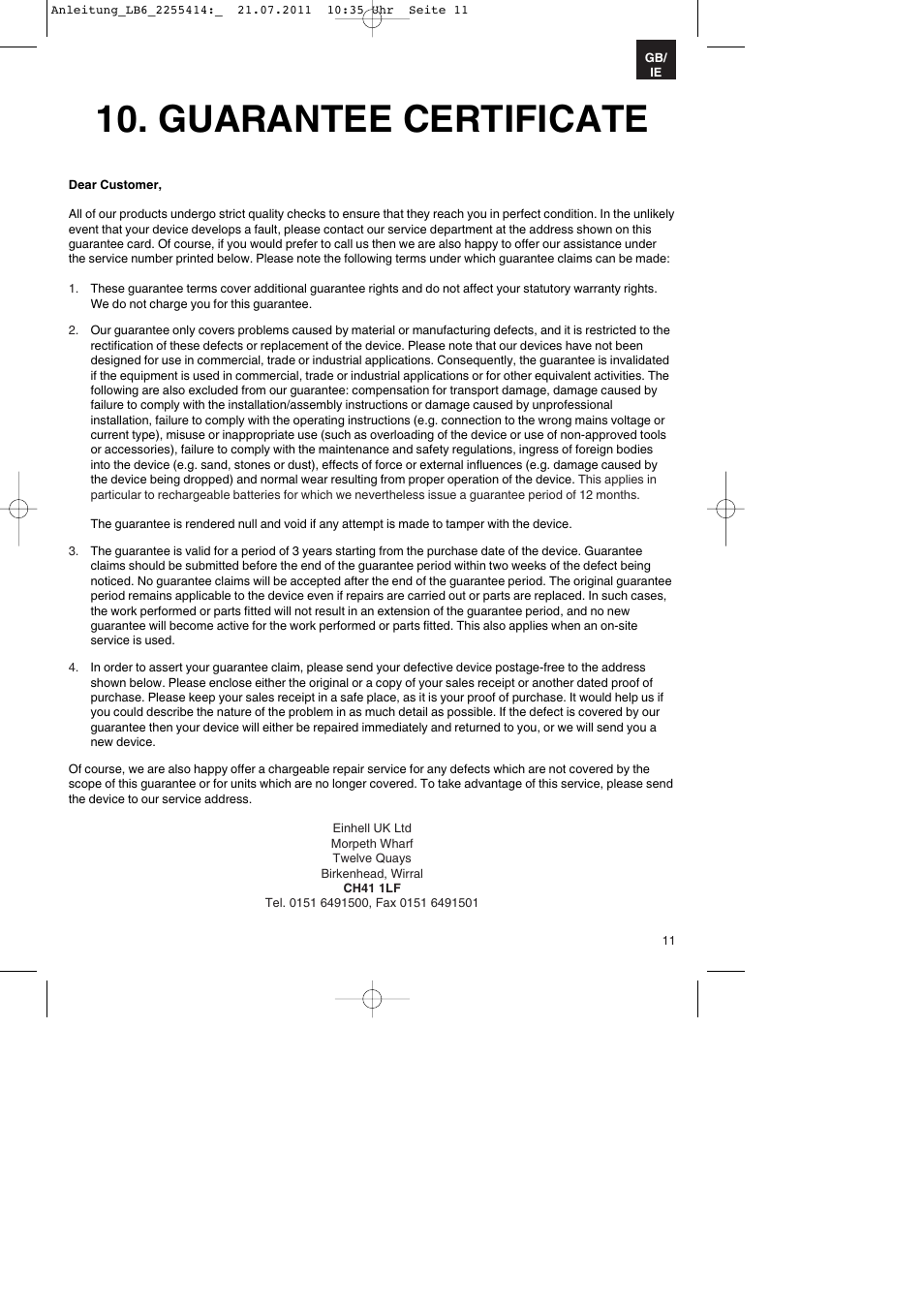 Guarantee certificate | Parkside PSZ 250 A2 User Manual | Page 11 / 12