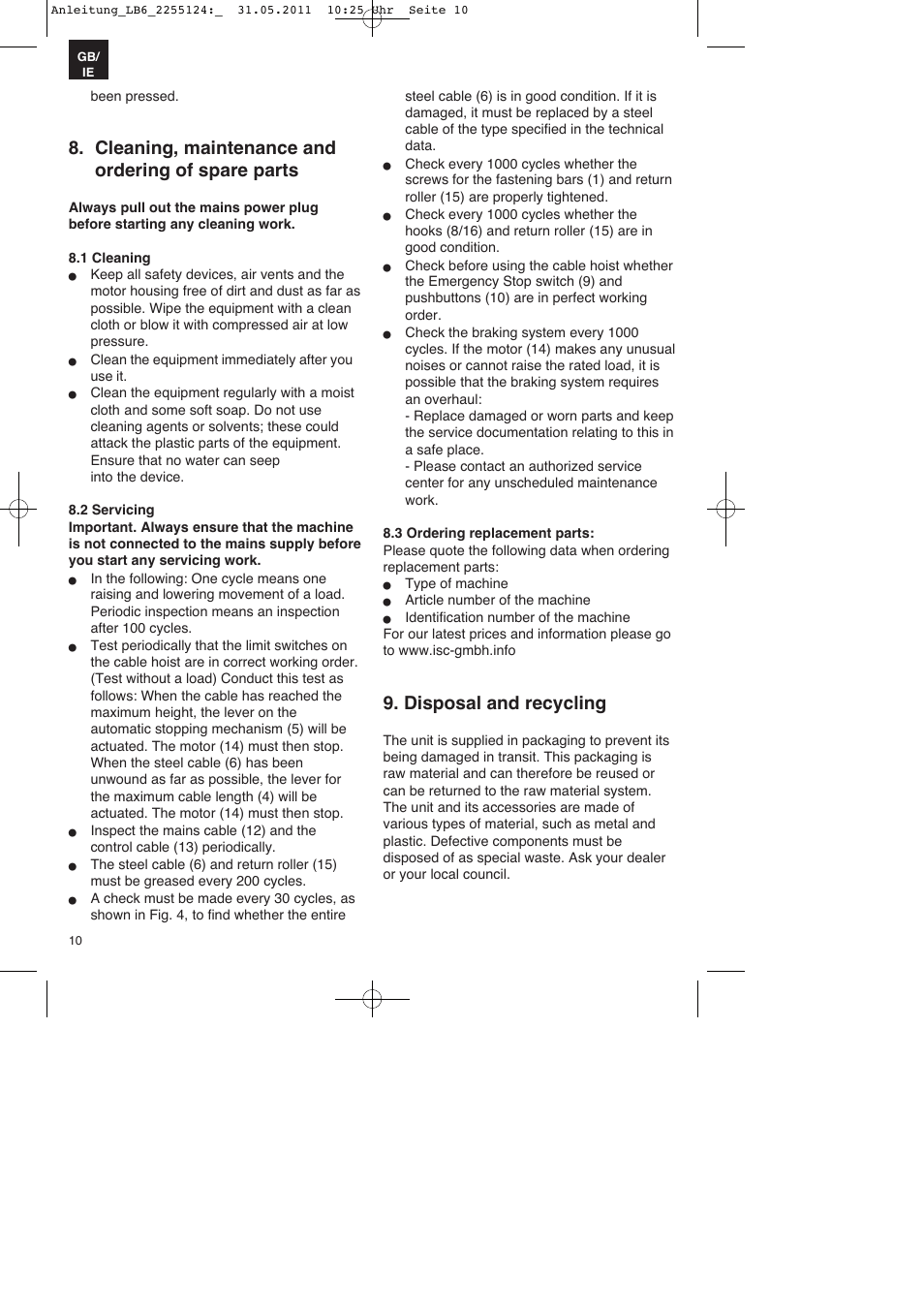 Cleaning, maintenance and ordering of spare parts, Disposal and recycling | Parkside PSZ 250 A2 User Manual | Page 10 / 16