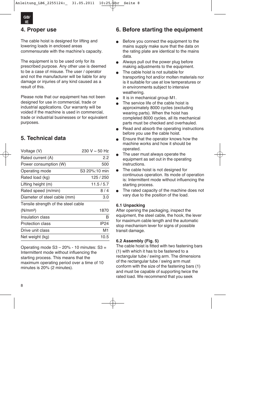 Proper use, Technical data, Before starting the equipment | Parkside PSZ 250 A2 User Manual | Page 8 / 16