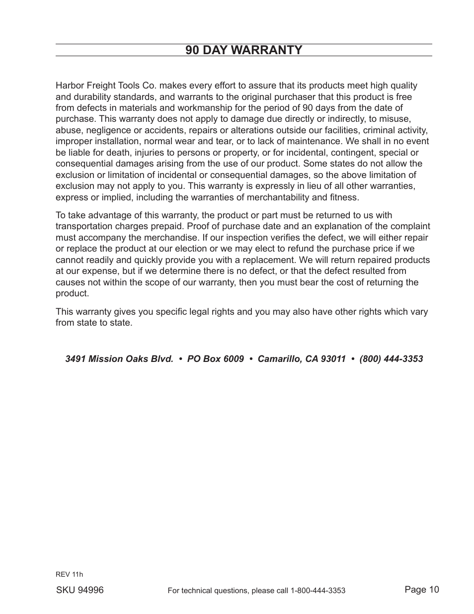 90 day warranty | Harbor Freight Tools Model 94996 User Manual | Page 10 / 10