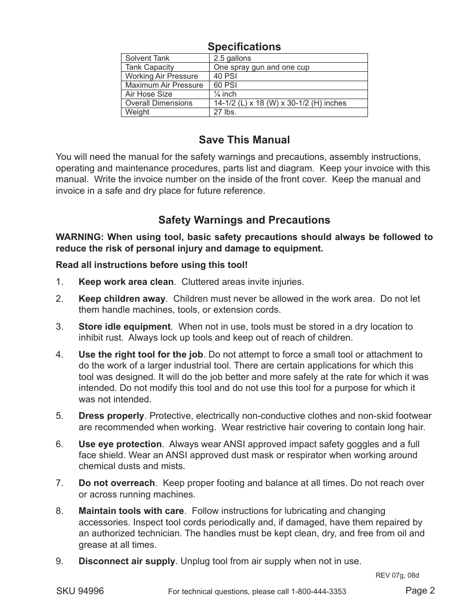 Specifications, Save this manual, Safety warnings and precautions | Harbor Freight Tools Model 94996 User Manual | Page 2 / 10