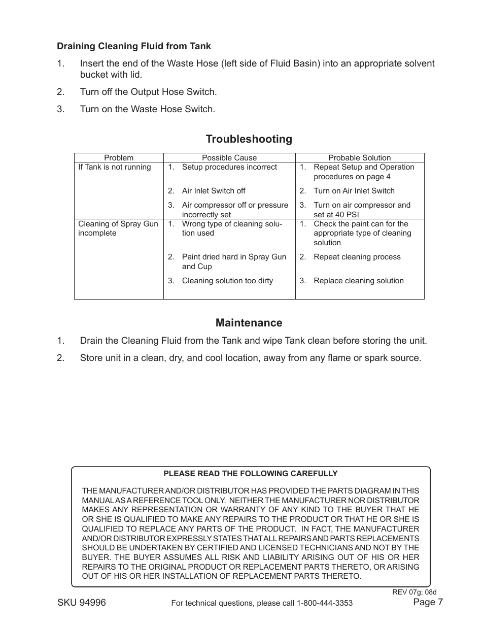 Troubleshooting, Maintenance | Harbor Freight Tools Model 94996 User Manual | Page 7 / 10