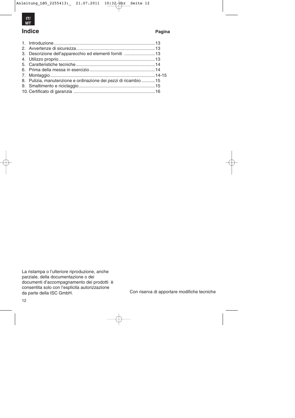 Indice | Parkside PSZ 250 A2 User Manual | Page 12 / 28