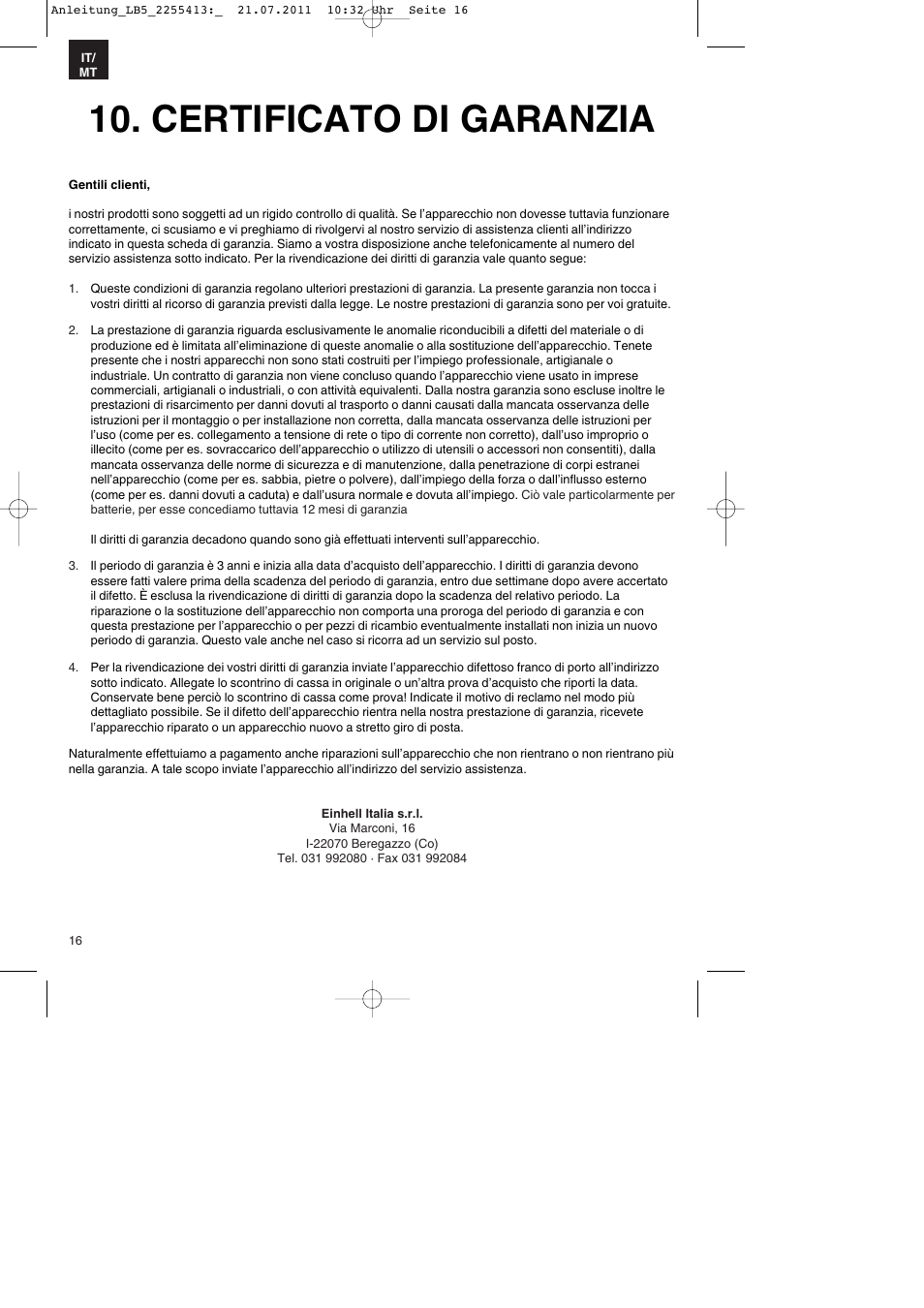 Certificato di garanzia | Parkside PSZ 250 A2 User Manual | Page 16 / 28