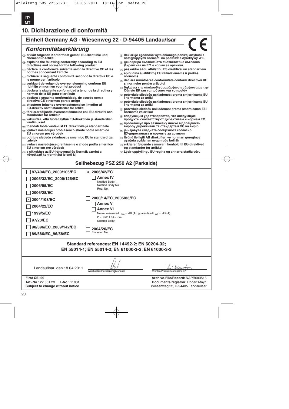 Dichiarazione di conformità, Konformitätserklärung, Seilhebezug psz 250 a2 (parkside) | Parkside PSZ 250 A2 User Manual | Page 20 / 40