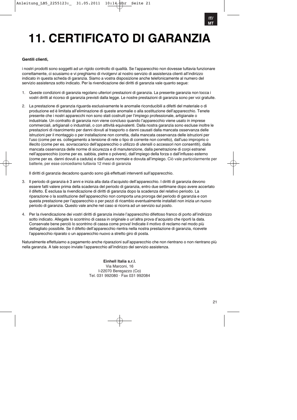 Certificato di garanzia | Parkside PSZ 250 A2 User Manual | Page 21 / 40