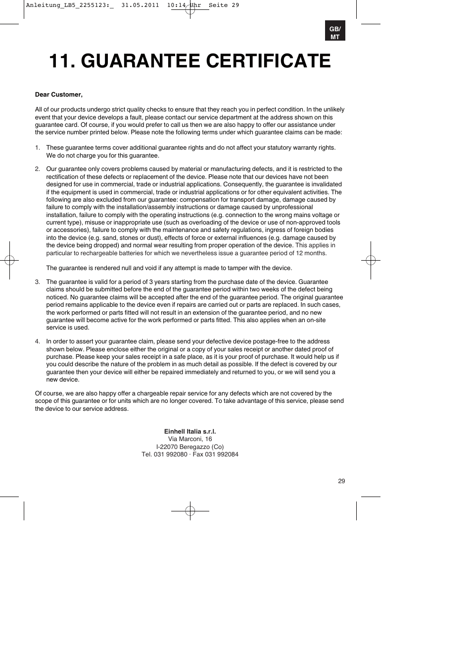 Guarantee certificate | Parkside PSZ 250 A2 User Manual | Page 29 / 40