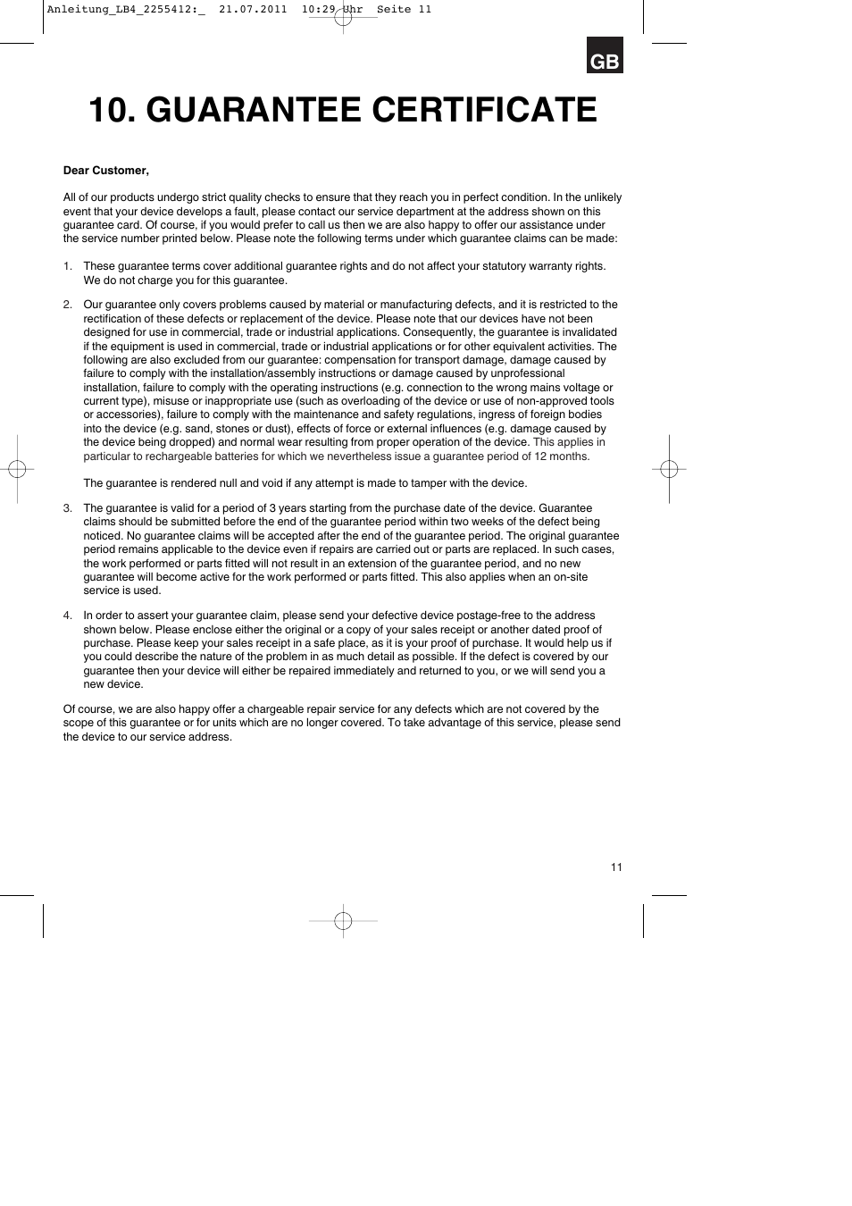 Guarantee certificate | Parkside PSZ 250 A2 User Manual | Page 11 / 44