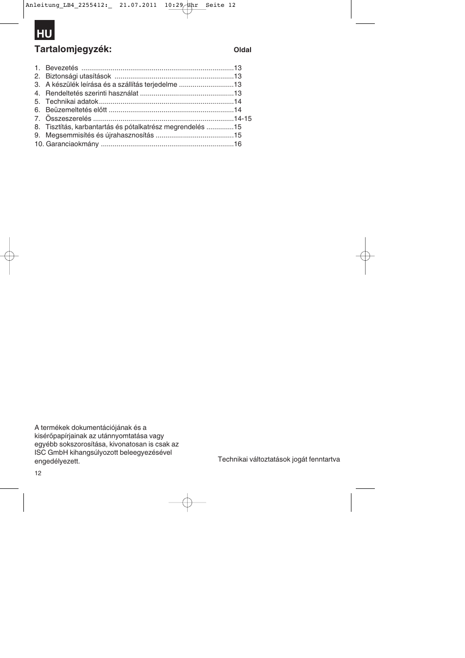 Tartalomjegyzék | Parkside PSZ 250 A2 User Manual | Page 12 / 44