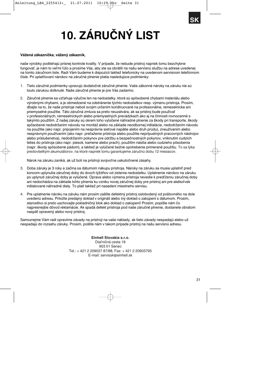Záručný list | Parkside PSZ 250 A2 User Manual | Page 31 / 44