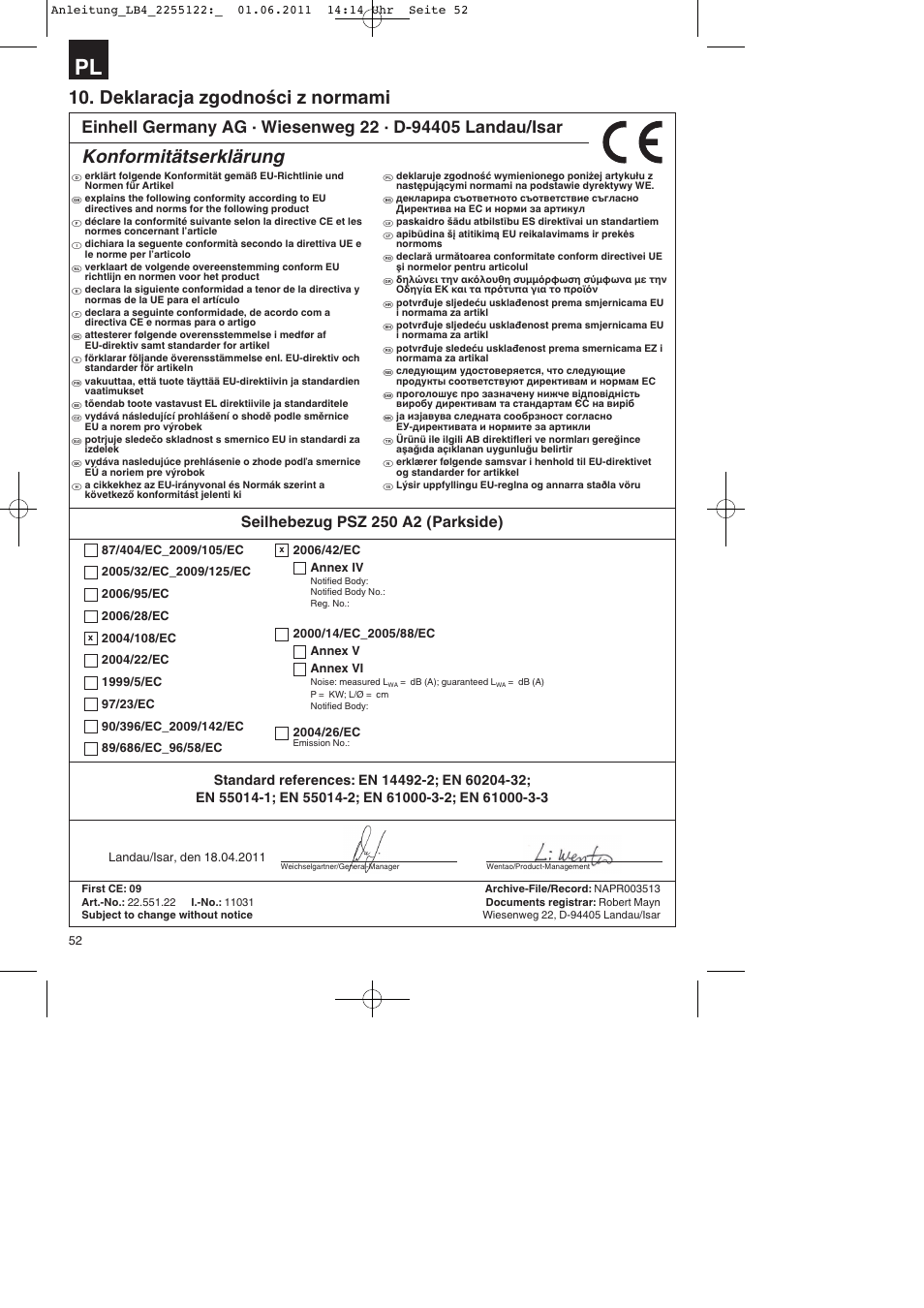 Deklaracja zgodności z normami, Konformitätserklärung, Seilhebezug psz 250 a2 (parkside) | Parkside PSZ 250 A2 User Manual | Page 52 / 64