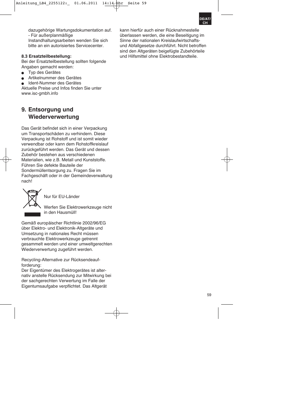 Entsorgung und wiederverwertung | Parkside PSZ 250 A2 User Manual | Page 59 / 64